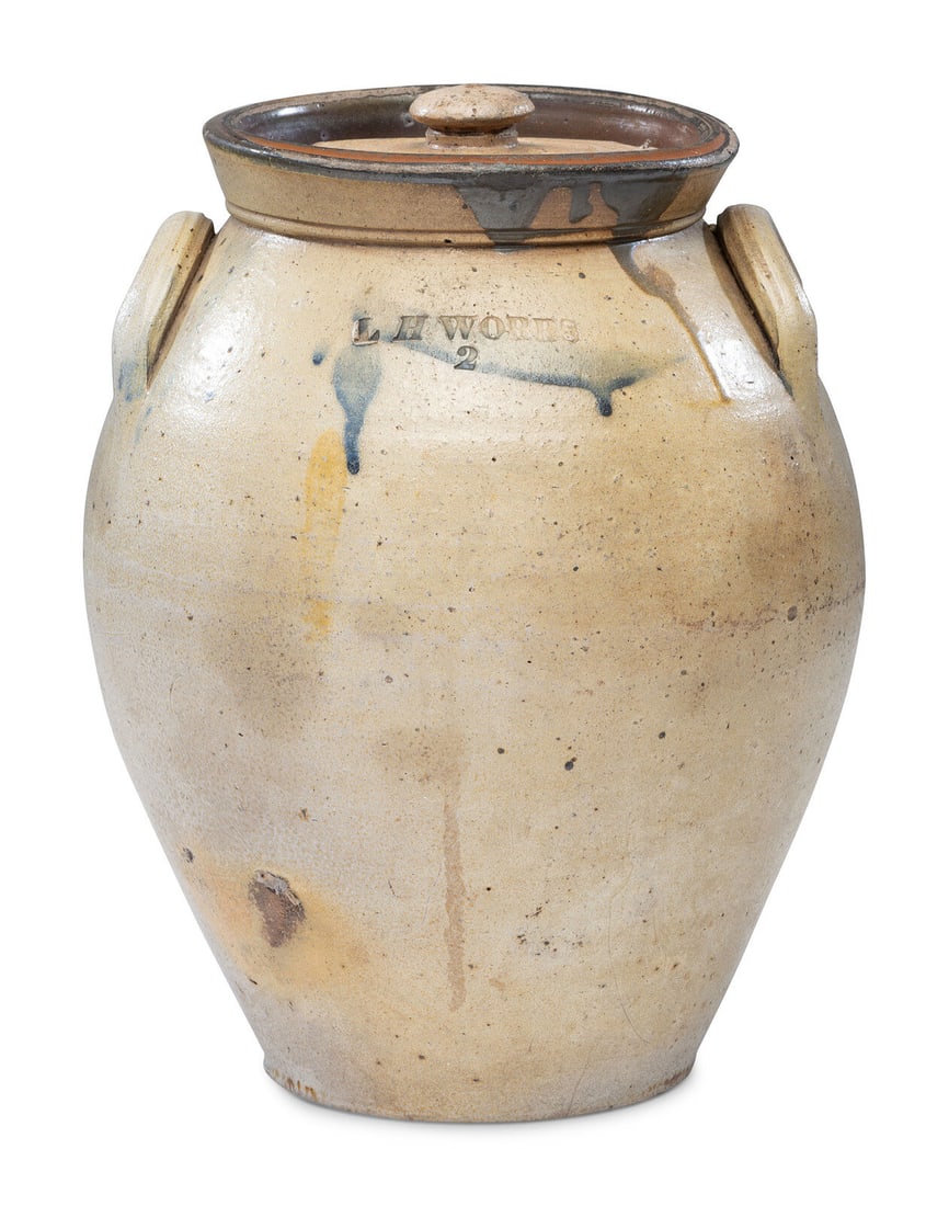 A Lahan Worbs Two Gallon Lidded Stoneware Crock: A Lahan Worbs Two Gallon Lidded Stoneware Crock Tuscarawas County, Ohio, Mid 19th Century impressed maker's name and capacity mark under rim. Height 11 1/2 inches. Property from the Robert and Nancy T