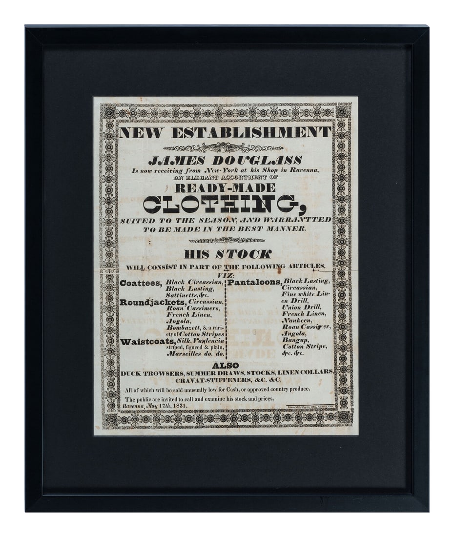 A Printed Broadside Promoting the 'Elegant Assortment of Ready-Made Clothing' Stocked by Shopkeeper (1 of 2)