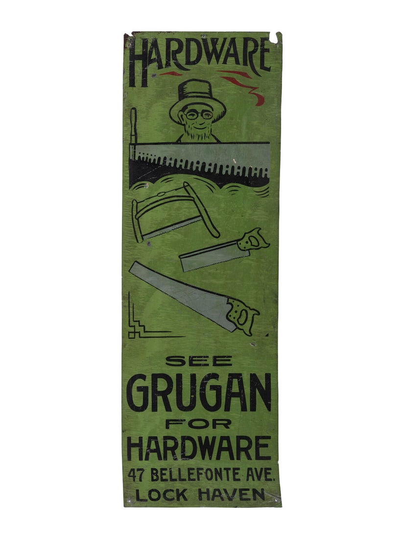 A 'see Grugan For Hardware' Painted Sheet Metal Advertising Sign Auction