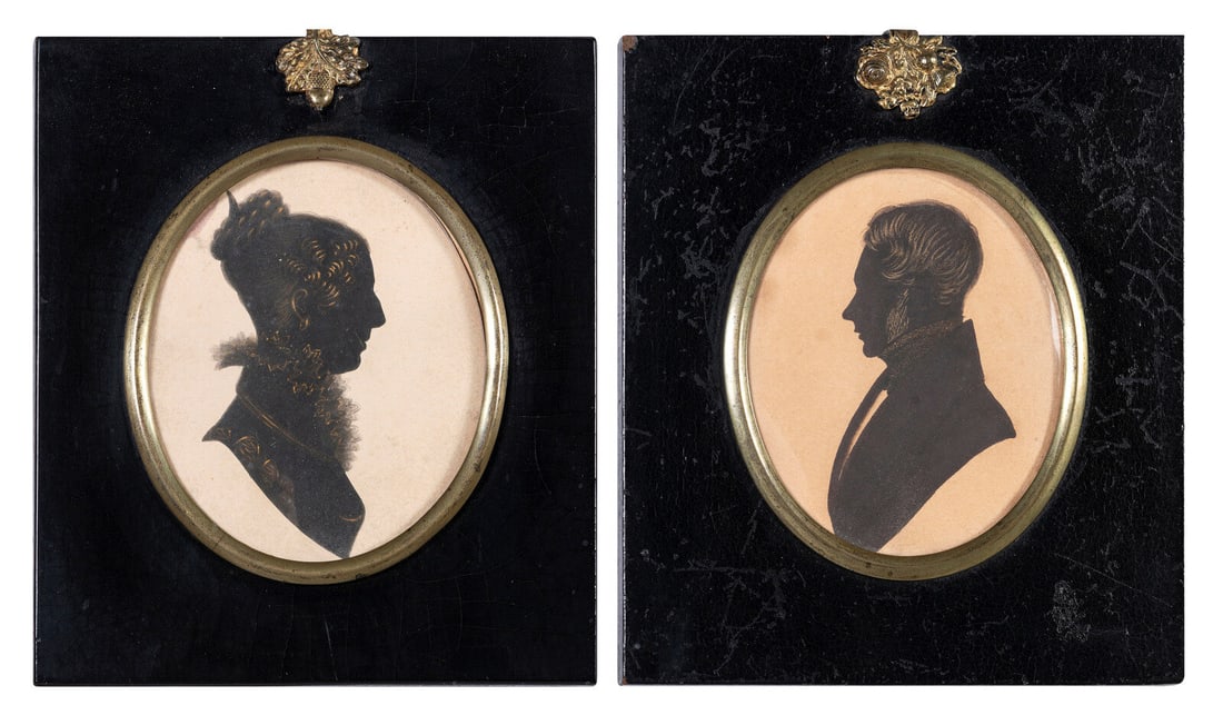 A Pair of Cut and Gouache Decorated Paper Silhouettes: A Pair of Cut and Gouache Decorated Paper Silhouettes 19th Century 3 1/4 x 2 3/4 inches.