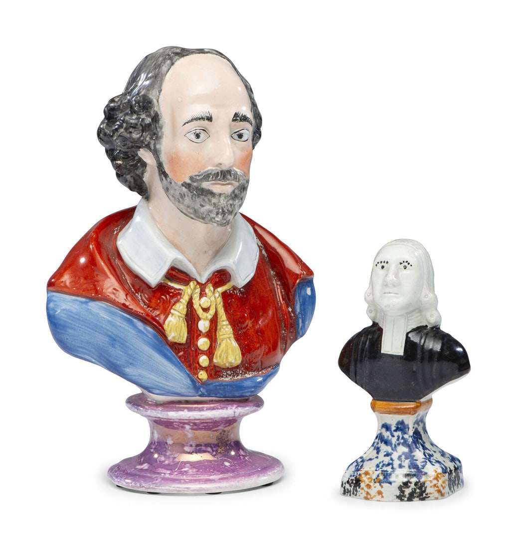 Two Staffordshire Glazed Pearlware Busts: Two Staffordshire Glazed Pearlware Busts English, 19th Century comprising William Shakespeare and Reverend John Wesley, each decorated in overglaze enamels.unmarked.Height of taller 8 1/2 x diameter o