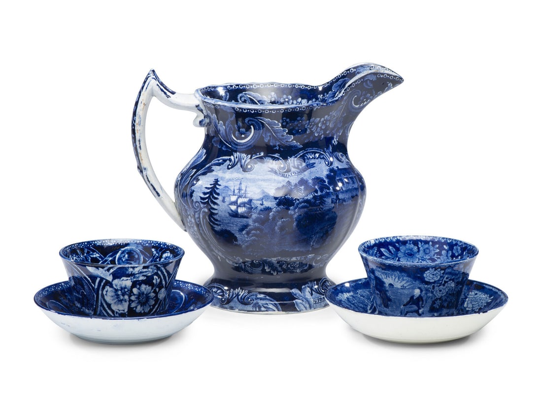 A Historical Blue Staffordshire Pitcher and Two Cups with Saucers (1 of 5)