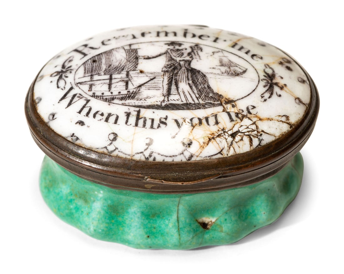 A Bilston Enamel Miniature Hinged Porcelain Trinket or Pill Box: A Bilston Enamel Miniature Hinged Porcelain Trinket or Pill Box 18th Century decorated with scene of a departing sailor and inscription Remember me / When this you see. the lid interior fitted with a