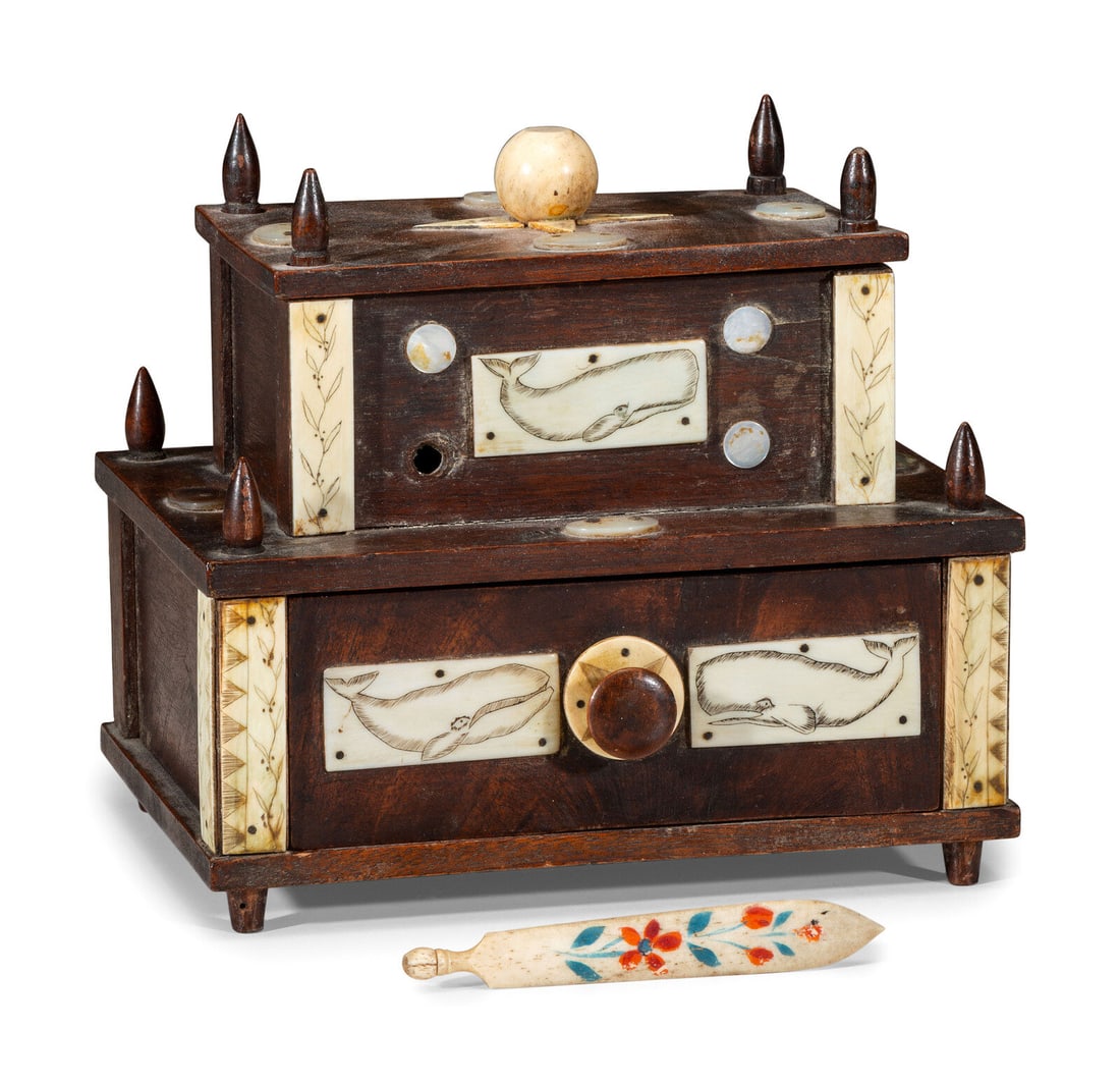 A Scrimshaw Decorated Sewing Box: A Scrimshaw Decorated Sewing Box 19th Century together with a miniature carved and painted whalebone letter opener. Height 6 1/4 x width 6 3/4 x depth 5 inches.