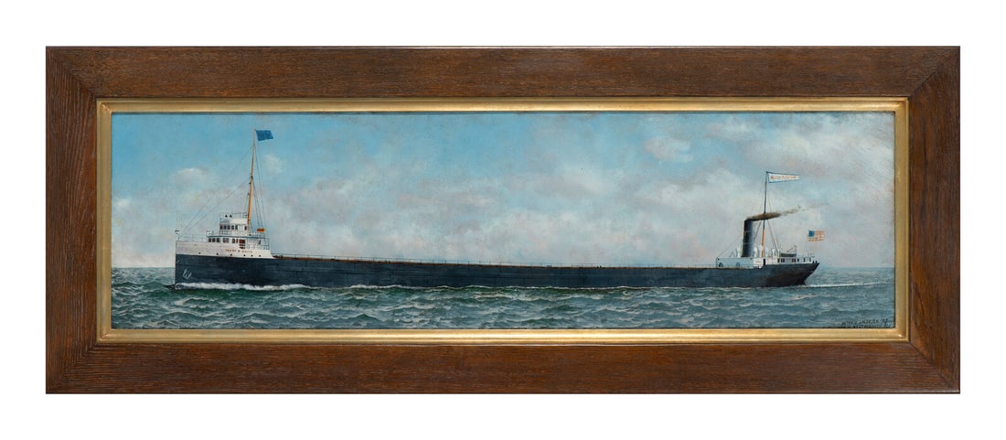 Antonio Jacobsen (American, 1850-1921): Antonio Jacobsen (American, 1850-1921) Steamship Henry B. Smith oil on artist board signed, dated, and inscribed Antonio Jacobsen 1907 / 31 Palisade Av. West Hoboken NJ, lower right 11 1/2 x 41 1/4 in