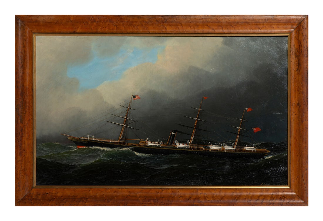 Antonio Jacobsen (American, 1850-1921): Antonio Jacobsen (American, 1850-1921) Steamship City of Berlin at Sea oil on panel signed and inscribed A. Jacobsen / 257 8 Av. NY, lower right 20 1/2 x 34 3/4 inches. The first record of Jacobsen at