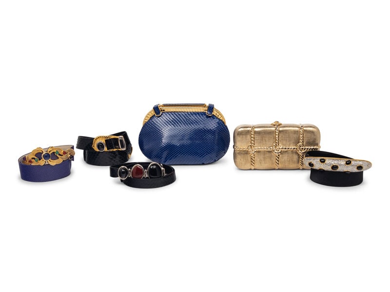 Six Judith Leiber Items: Snakeskin Bag, Metal Minaudière, and Four Belts (1 of 4)