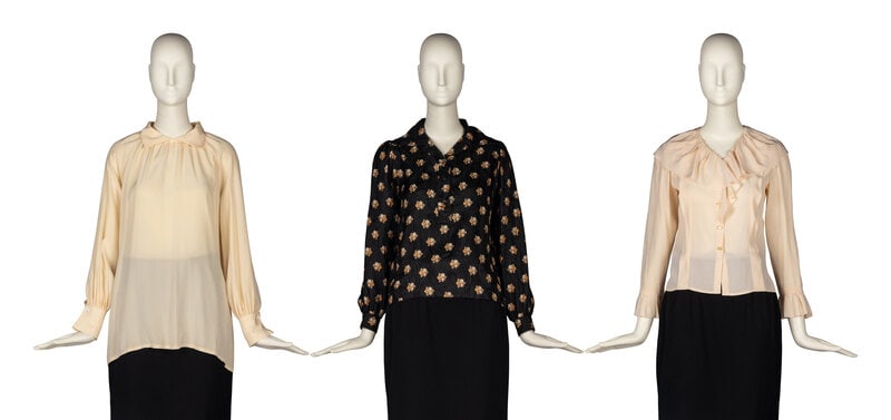 Three Blouses by Saint Laurent and Chloé, 1970-80s: Three Blouses by Saint Laurent and Chloé, 1970-80s THE FIRST Half-placket button-down blouse in floral printed black silk jacquard with spread collar. Label: Saint Laurent Size: 34 Country of Ori