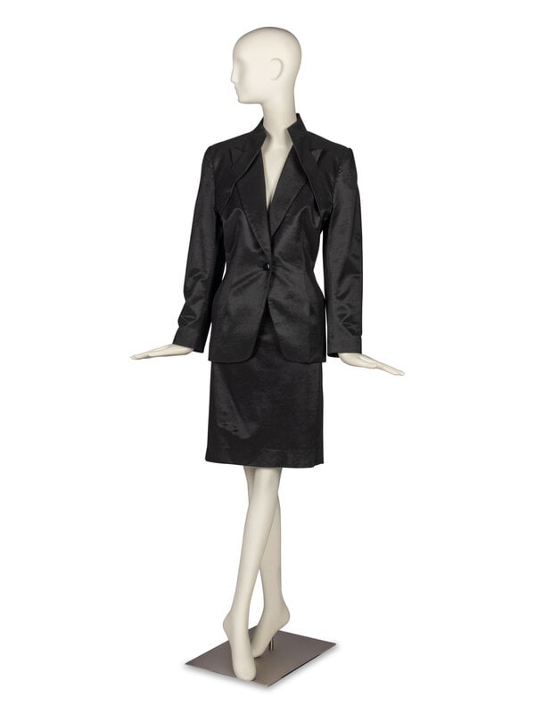 Givenchy Couture Suit by Alexander McQueen, Fall 1997 : Givenchy Couture Suit by Alexander McQueen, Fall 1997 THE FIRST Peak-lapel, single-breasted jacket metallic-tone black twill. Jacket is fully-lined with single-button closure at center front