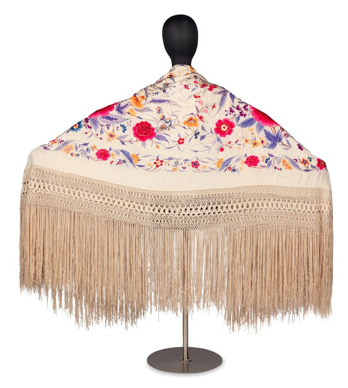 Embroidered Floral Piano Shawl, 1930s : Embroidered Floral Piano Shawl, 1930s Silk piano shawl in floral-embroidery throughout with knitted fringe trim at edges. Label: N/A Date: Early 20th Century Approximate Dimension