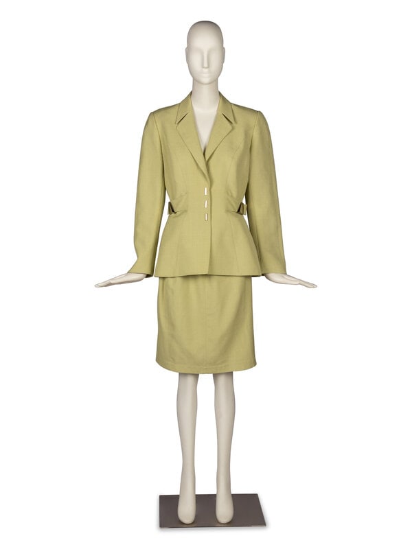 Thierry Mugler Suit : Thierry Mugler Suit THE FIRST Single-breasted, notch-collar jacket in light green faille with brushed silver-tone hardware and snap closures. Fully-lined. Label: Thierry Mugler Date: Late