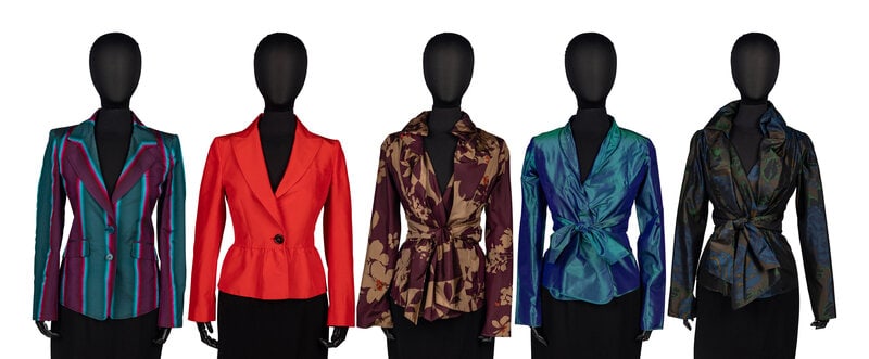 A Group of Five Jackets: Four Etro and One Valentino : A Group of Five Jackets: Four Etro and One Valentino THE FIRST Lightweight single-breasted jacket in metallic blue-teal silk. Label: Etro Size Label: 42 Country of Origin: Italy T