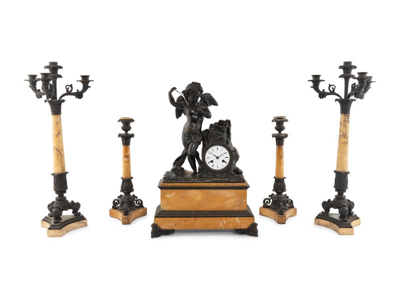 An Assembled French Marble and Bronze Five-Piece Clock Garniture (1 of 8)