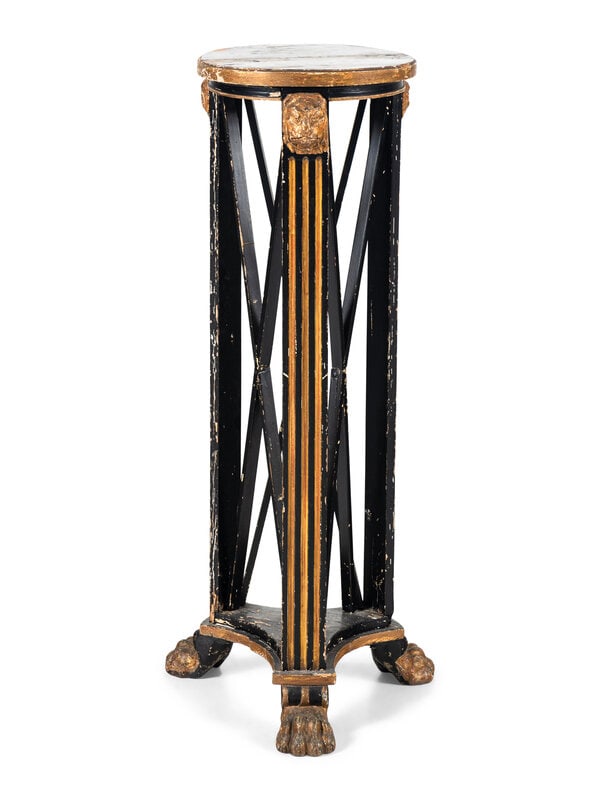A Painted and Parcel Gilt Pedestal: A Painted and Parcel Gilt Pedestal Early 20th Century Height 38 x diameter 12 inches. This lot is located in Chicago. Property from the Collection of Catharine and David Hamilton, Chicago,