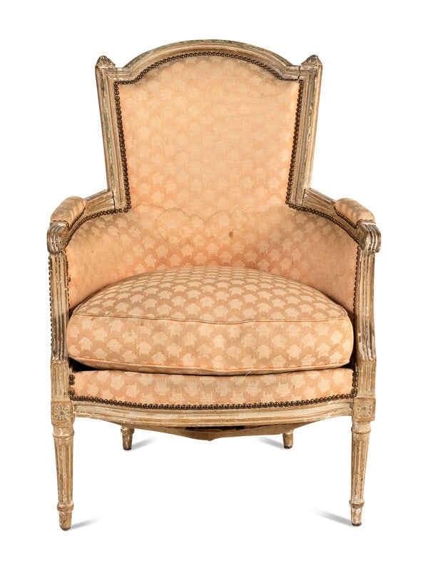 A Louis XVI Painted Bergere : A Louis XVI Painted Bergere Early 19th Century Height 36 1/2 x width 26 1/2 x depth 27 inches. This lot is located in Chicago. Property from the Collection of Catharine and David H