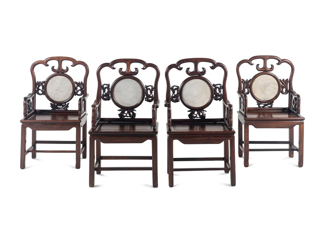 A Set of Four Chinese Marble Inset Zitan Armchairs (1 of 7)