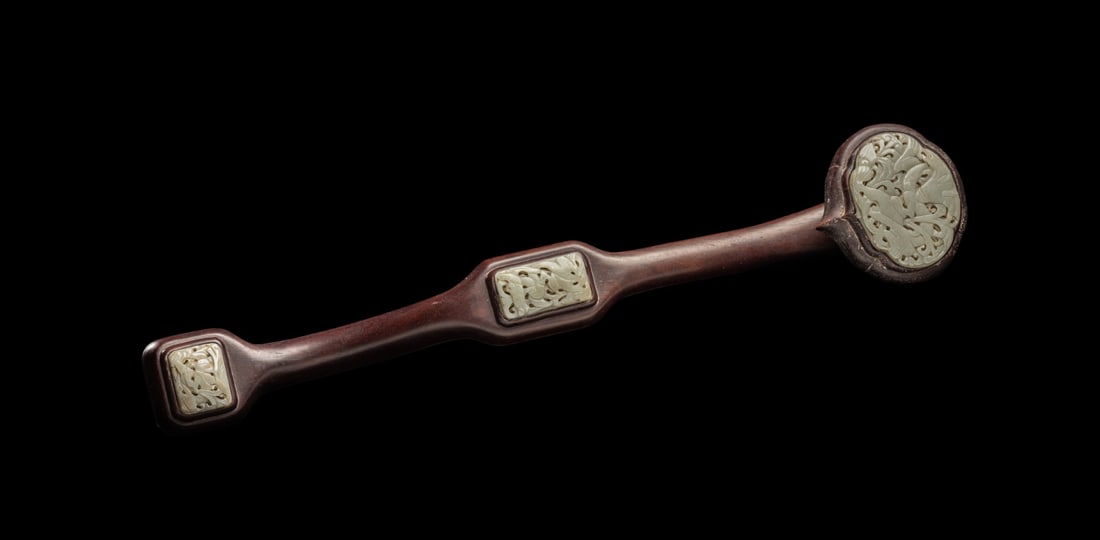 A Chinese Celadon Jade Inset Hardwood Ruyi Scepter (1 of 8)