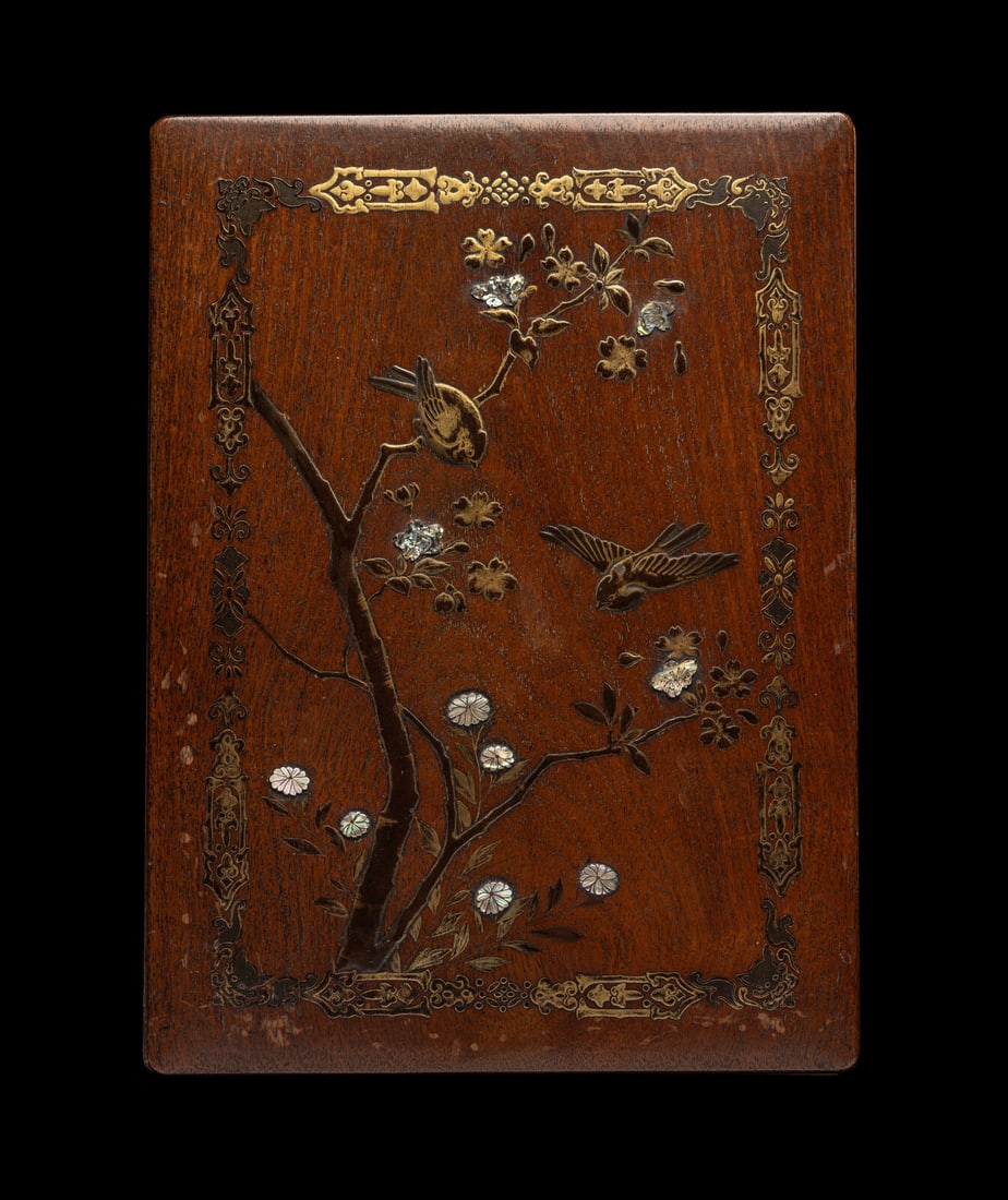 A Japanese Mother-of-Pearl Inlaid Gilt and Black Lacquered Hardwood Stationary Box (1 of 4)