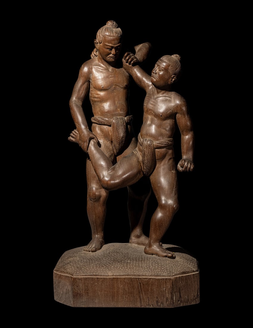 A Large Japanese Carved Wood Figural Group of Wrestlers (1 of 4)