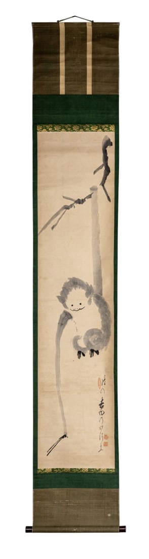 Hakuin Ekaku: Hakuin Ekaku (Japanese, 1685-1769) Gibbon Hanging from a Branch ink on paper, hanging scroll signed, three artist's seals Image 49 x 11 1/4 in., 124.5 x 28.6 cm. Property from a Private Collection, Ch