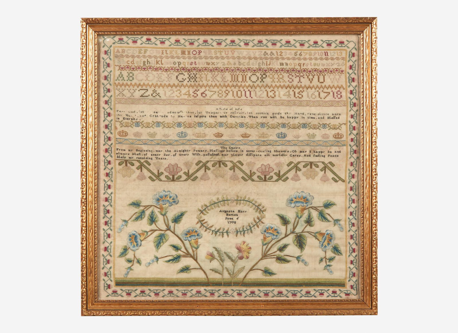 An English needlework sampler, Augusta Mary Horton, dated "June 6, 1798" (1 of 2)
