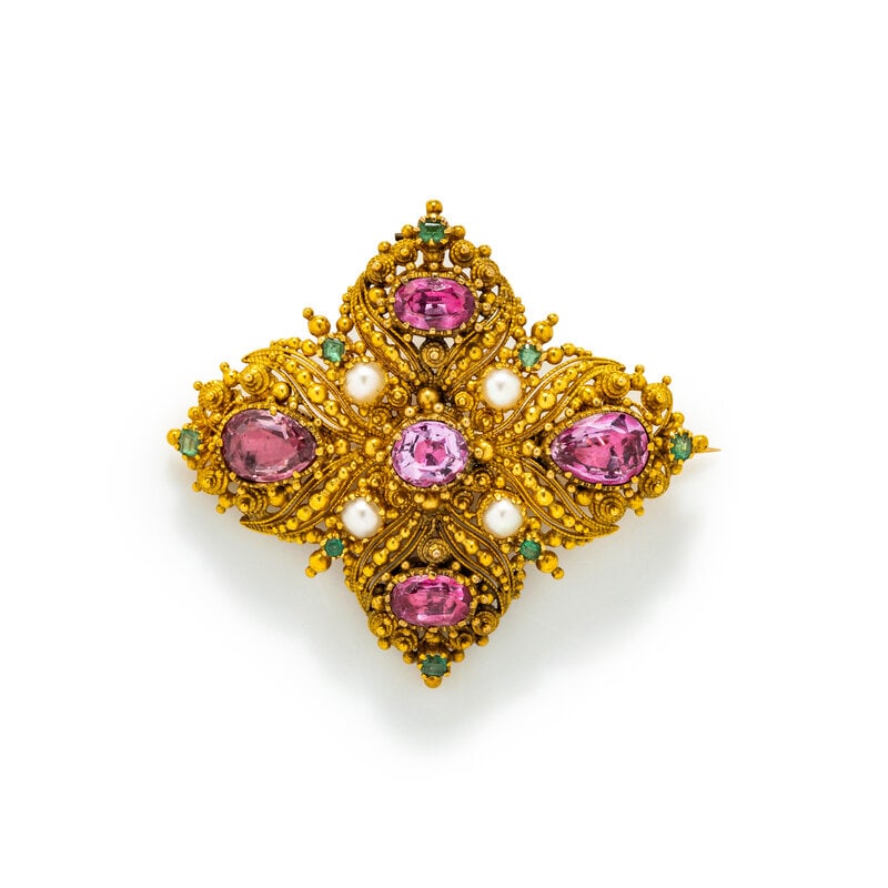 ANTIQUE, YELLOW GOLD AND MULTIGEM BROOCH (1 of 2)