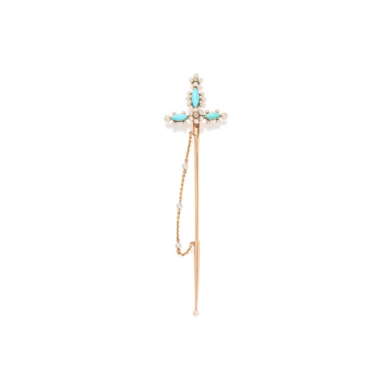 DIAMOND, TURQUOISE AND SEED PEARL JABOT: DIAMOND, TURQUOISE AND SEED PEARL JABOT Old mine cut diamonds, turquoise navettes and seed pearls. Yellow gold. 4 1/2 inches x 1 inch. Gross weight: 3.30 dwt. This lot is located in Chicago