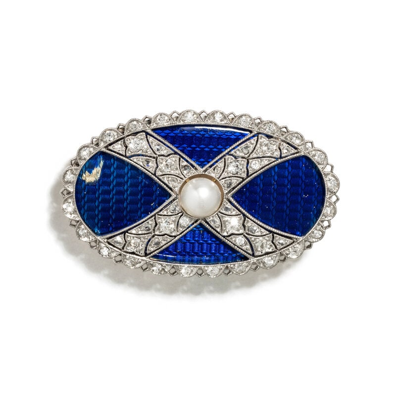 EDWARDIAN, GUILLOCHE ENAMEL, PEARL AND DIAMOND BROOCH: EDWARDIAN, GUILLOCHE ENAMEL, PEARL AND DIAMOND BROOCH Old mine, old European, single and rose cut diamonds and one cultured pearl measuring approximately 3.95 mm. Platinum-topped gold. 1 1/2 inches x
