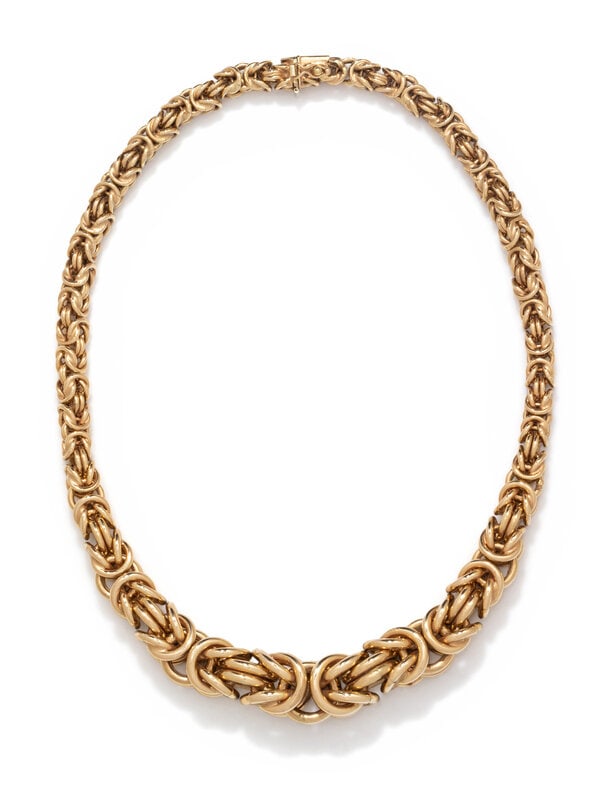 YELLOW GOLD NECKLACE: YELLOW GOLD NECKLACE Graduating byzantine links measuring approximately 6.00-14.00 mm. 14 karat yellow gold. 15 1/2 inches long. Stamp: 14K ITALY (Italian hallmark). Gross weight: 32.80 dwt.