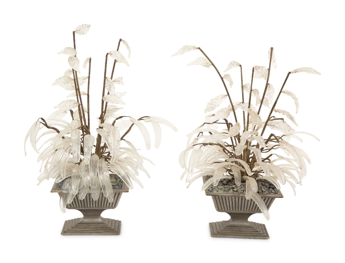A Pair of Silvered Metal Urns with Glass Foliage: A Pair of Silvered Metal Urns with Glass Foliage 20th Century Height 20 inches x width 16 x depth 12 approximately. (2 pieces) Property from the Collection of William L. Bernhard and Catherine Cahill