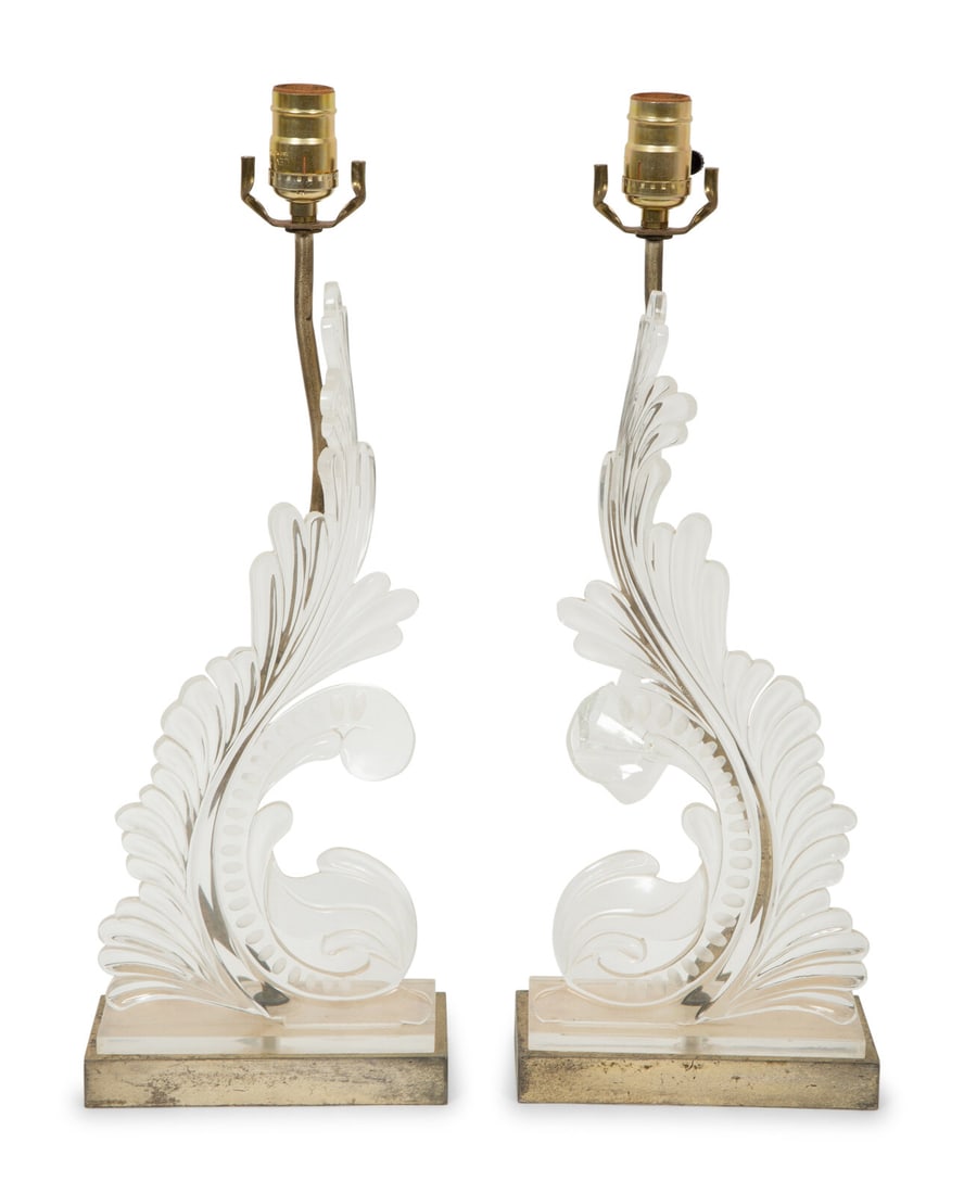 A Pair of Acrylic Foliate Scroll Table Lamps: A Pair of Acrylic Foliate Scroll Table Lamps Second half 20th century Height 30 x width of base 7 1/2 x depth of base 4 inches overall. This lot is located in Palm Beach. Property from the Collection 
