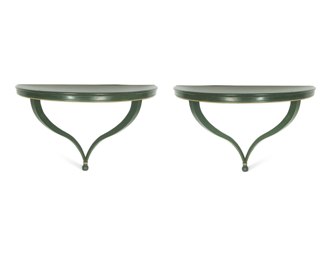 A Pair of Green-Painted Demilune Console Tables by Jessup: A Pair of Green-Painted Demilune Console Tables by Jessup 20th Century Height 30 x width 46 x depth 23 inches.