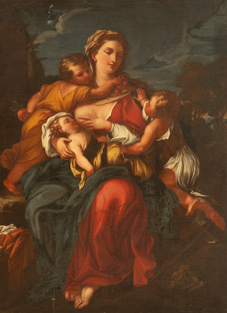 Follower of Domenico Piola (Italian, 1627-1703) Madonna with Child: Follower of Domenico Piola (Italian, 1627-1703) Madonna with Child oil on canvas 37 x 51 1/4 inches. This lot is located in Palm Beach.