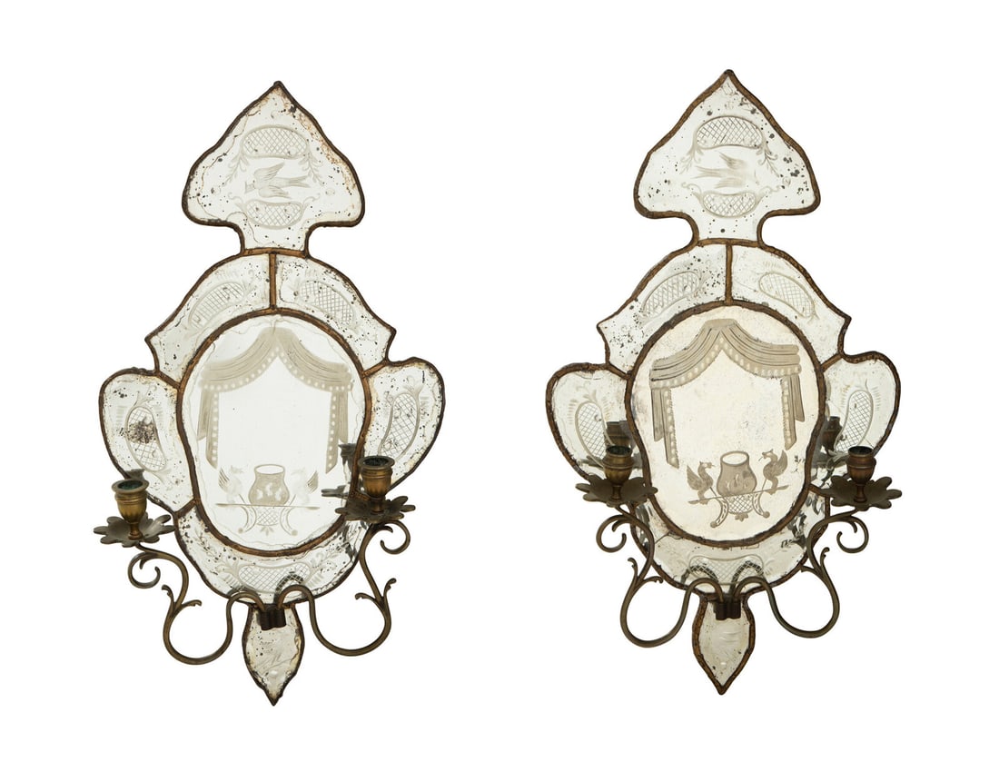 A Pair of Venetian Etched Glass Two-Light Girandole Mirrors (1 of 3)