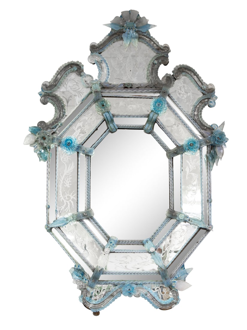 A Venetian Etched Glass and Pale Blue Glass Accented Mirror (1 of 2)