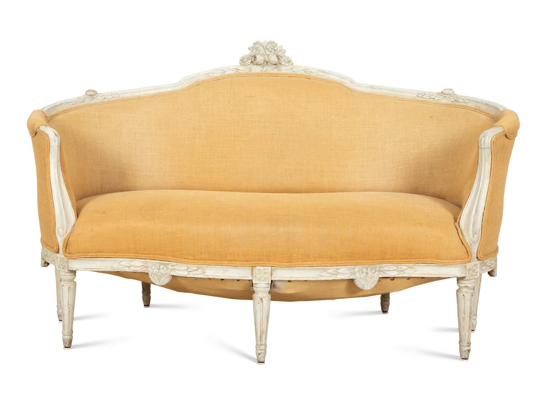 A Louis XVI Style Gray-Painted Canape: A Louis XVI Style Gray-Painted Canape 19th Century Height 33 x width 62 x depth 27 inches. Property from the Collection of a Palm Beach Lady