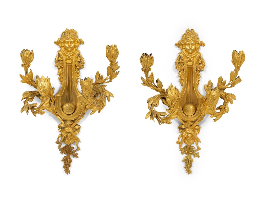 A Pair of French Gilt Bronze Lyre-Form Four-Light Sconces (1 of 4)