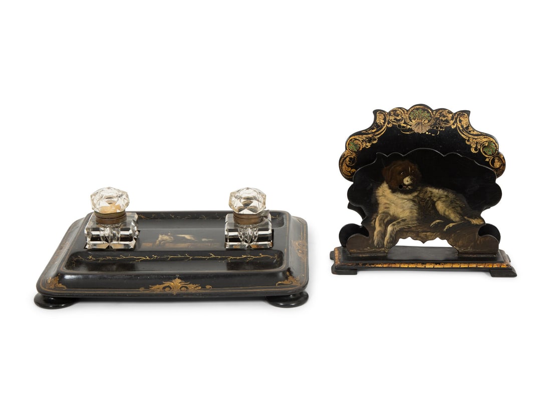 An English Black and Gilt Lacquered Papier Mache Standish and Letter Stand by Jennens and Bettridge (1 of 4)