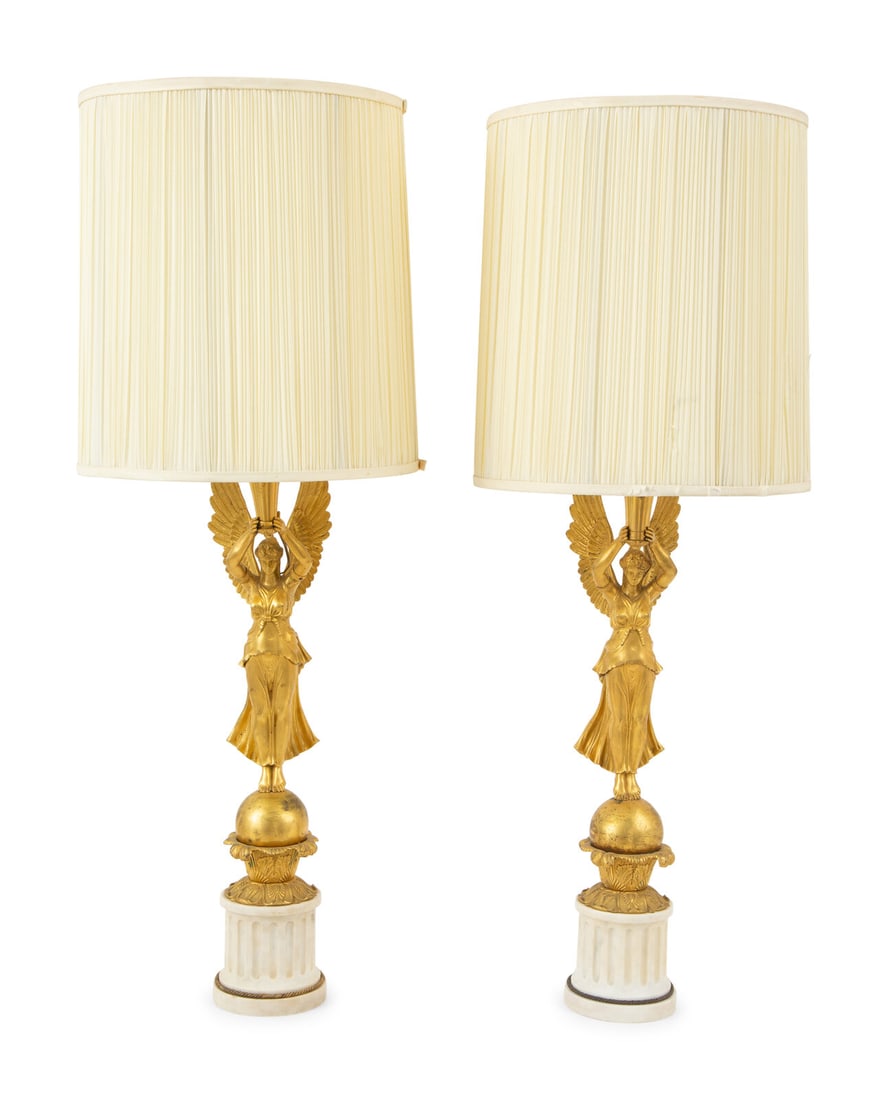 A Pair of Empire Style Gilt Bronze and White Marble Table Lamps (1 of 3)