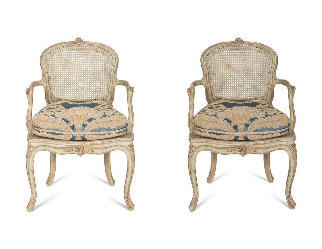 A Pair of Louis XV Blue Painted Cane-Backed Fauteuils (1 of 4)