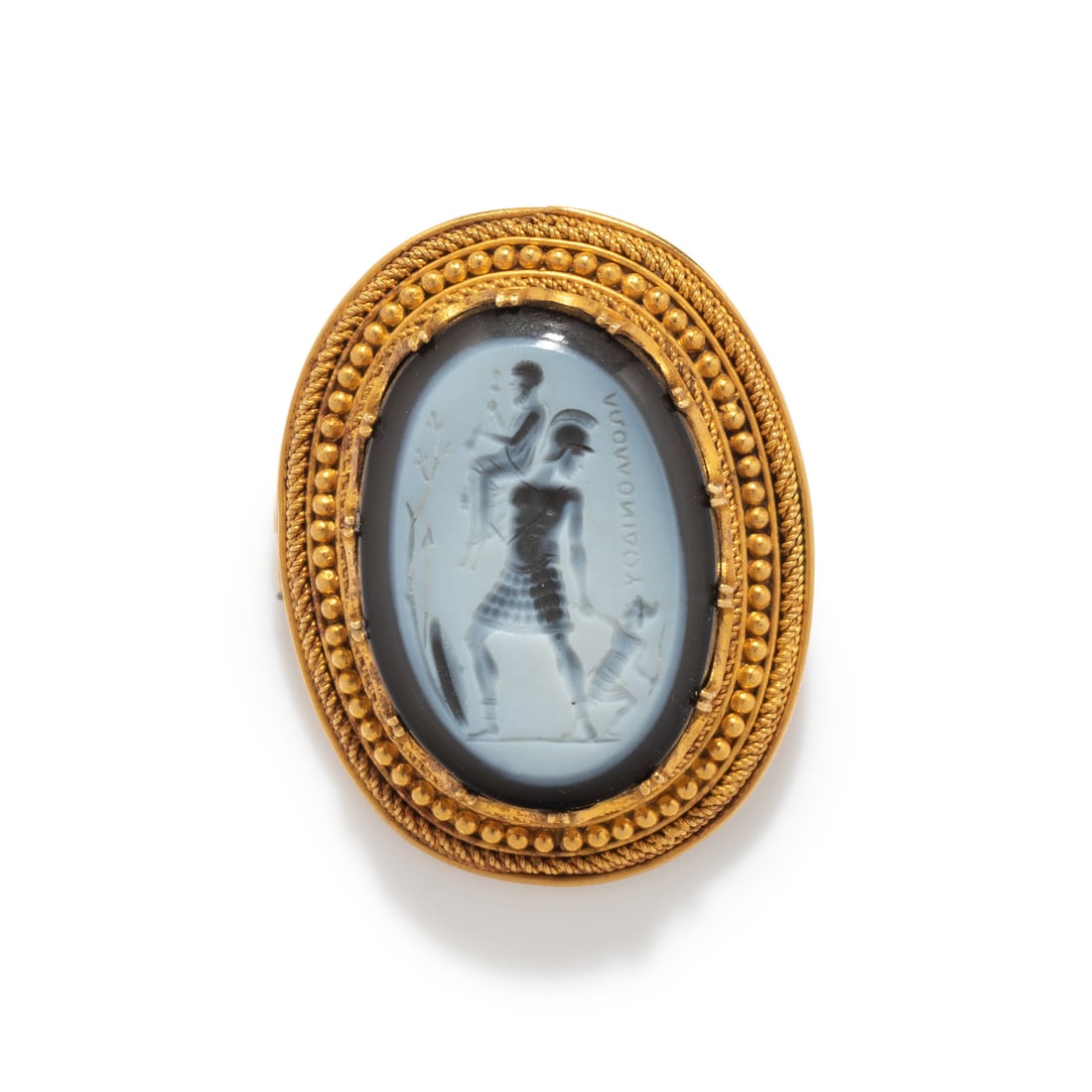 A Neoclassical Gold and Nicolo Brooch with the Family of Aeneas Quitting Troy: A Neoclassical Gold and Nicolo Brooch with the Family of Aeneas Quitting Troy Signed Apollonides Length 1 7/16 inches (3.65 cm); 14 karat gold; 6.1 dwt. A scene from Virgil's Aeneid in which Aeneas le