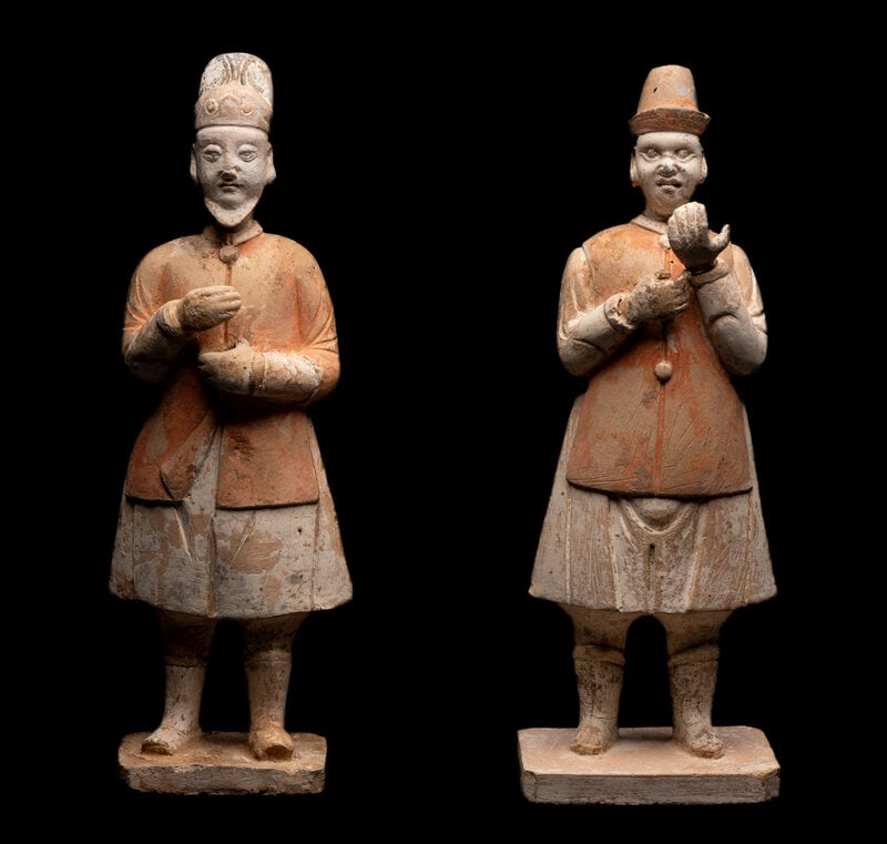 A Pair of Chinese Painted Pottery Figures of Attendants (1 of 3)