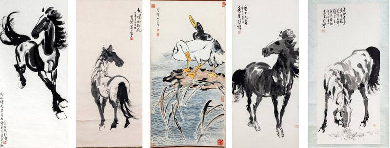 Xu Beihong: Xu Beihong (Chinese, 1895-1953) five woodblock prints depicting horses and geese, hanging scrolls. Image of largest 44 x 20 3/8 in., 111.8 x 51.8 cm. Property from a Private Collection, Ch