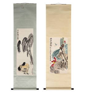 Two Chinese Woodblock Prints: Two Chinese Woodblock Prints (Chinese, Mid 20th Century) (1) Qi Baishi (1864-1957) Lotus and Dragonflies Ink and color on paper, hanging scroll (2) Qi Baishi(1864-1957) and Xu Beihong (1895-