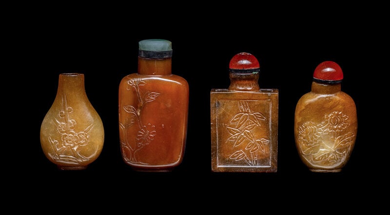 Four Chinese Carved Russet Jade and Hardstone Snuff Bottles (1 of 2)
