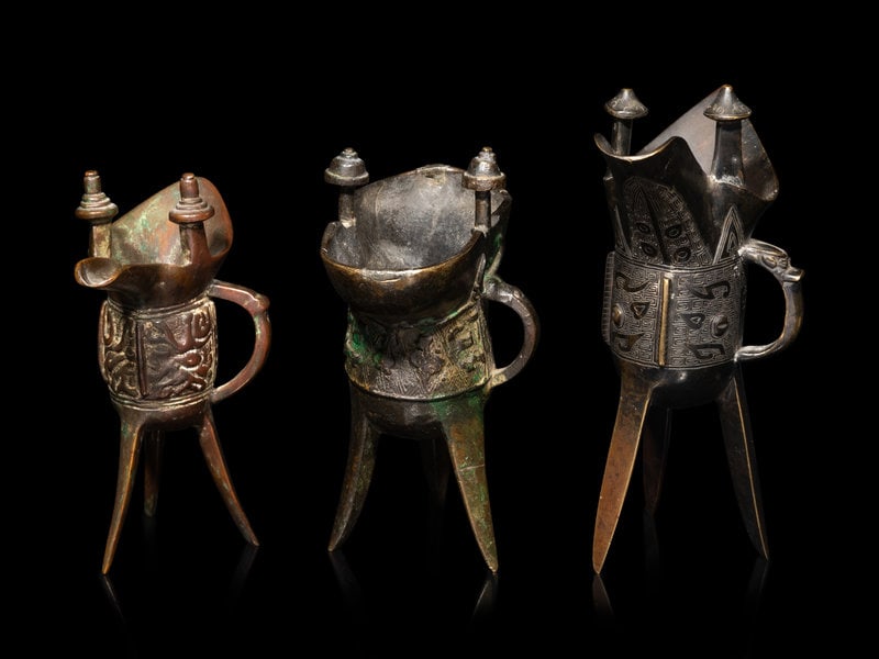 Three Chinese Archaistic Bronze Jue Drinking Cups  (1 of 3)