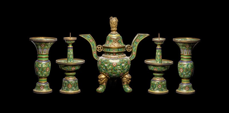 A Chinese Five-Piece Cloisonné Enamel Altar Set (1 of 3)