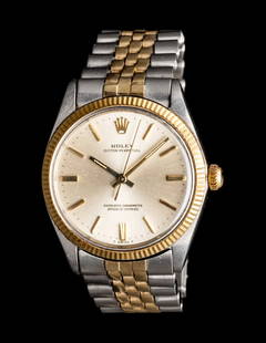 ROLEX, REF. 1005 STAINLESS STEEL AND 18K YELLOW GOLD 'OYSTER PERPETUAL' WATCH: ROLEX, REF. 1005 STAINLESS STEEL AND 18K YELLOW GOLD 'OYSTER PERPETUAL' WATCH Maker: Rolex Model: Oyster Perpetual Reference: 1005 Serial number: 15857XX Year: Circa 1960s Case size: Approx. 34 mm Cas