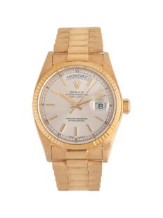 ROLEX, REF. 18038 18K YELLOW GOLD 'DAY-DATE' WATCH: ROLEX, REF. 18038 18K YELLOW GOLD 'DAY-DATE' WATCH Maker: Rolex Model: Day-Date Reference number: 18038 Serial number: 61555XX Year: Circa 1980s Case size: Approx. 36 mm Case material: 18K yellow