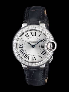 CARTIER, REF. 3008 18K WHITE GOLD 'BALLON BLEU' WATCH: CARTIER, REF. 3008 18K WHITE GOLD 'BALLON BLEU' WATCH Maker: Cartier Model: Ballon Bleu de Cartier Reference number: 3008 Case size: Approx. 28 mm Case material: 18K white gold Bezel: Diamond Dial: Wh